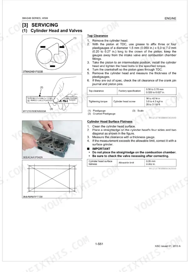 Kubota Z482-E4B, Z602-E4B, D722-E4B, D782-E4B, D902-E4B cylinder head top clearance and surface flatness inspection procedures.