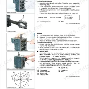 Kubota Z482-E4B, Z602-E4B, D722-E4B, D782-E4B, D902-E4B piston and connecting rod removal and installation procedures.