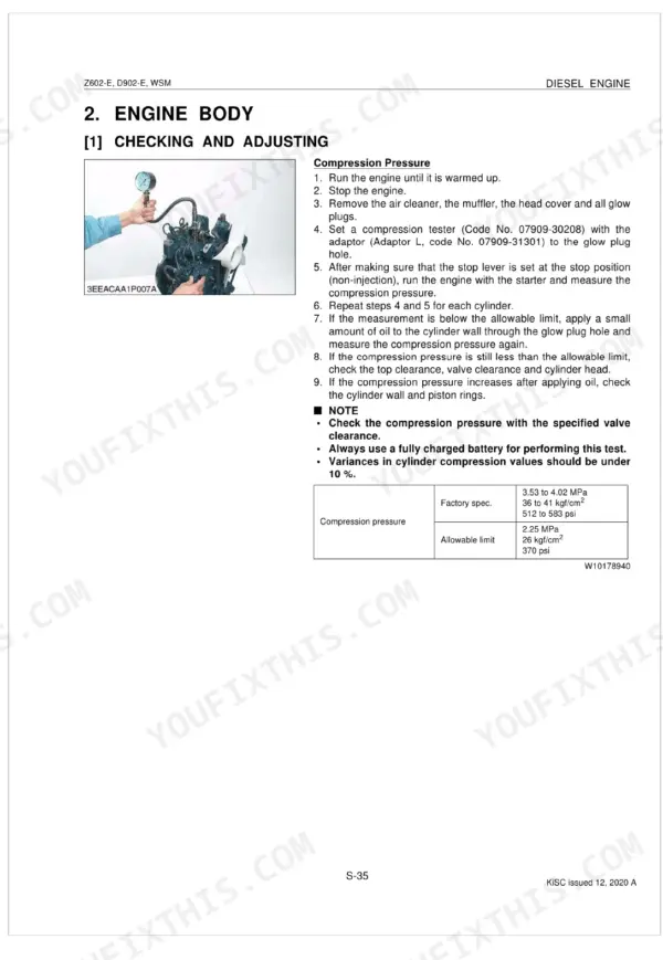 Kubota Z602-E, D902-E engine compression pressure testing procedure and specification table for diesel engines.