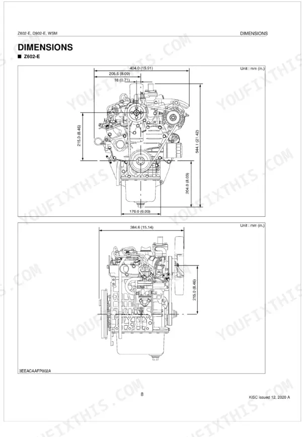 Kubota Z602-E, D902-E engine dimension diagrams showing front and side view measurements in millimeters and inches.