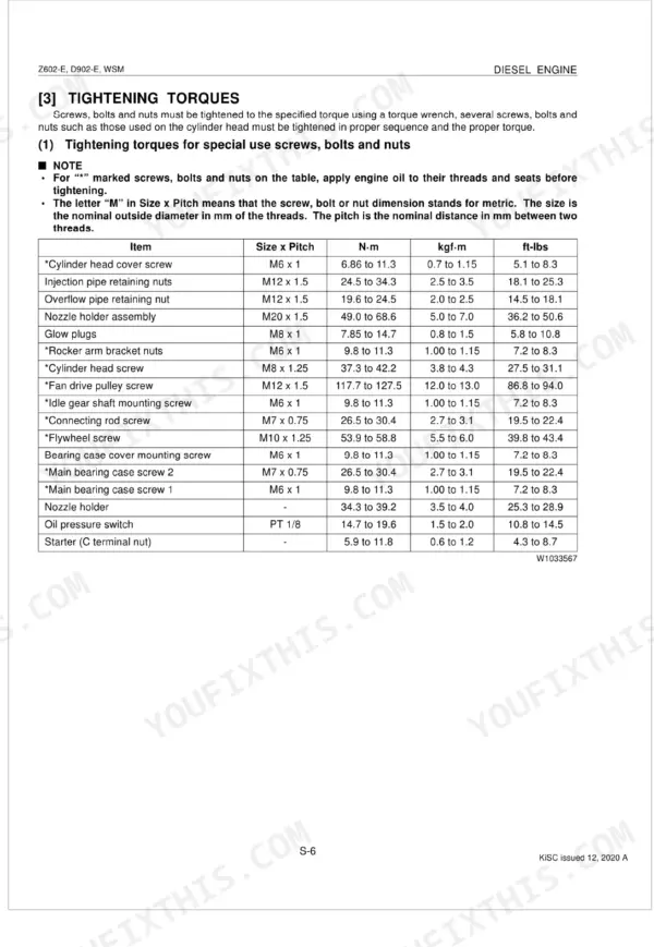 Kubota Z602-E, D902-E engine service manual table showing tightening torques for special screws, bolts, and nuts.