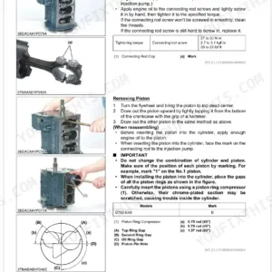 Kubota ZD1011-AU engine piston and connecting rod removal, installation, and ring gap alignment procedures.