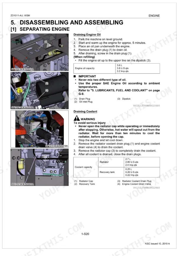 Kubota ZD1011-AU engine service manual: procedures for draining engine oil and coolant with capacity tables and component diagrams.