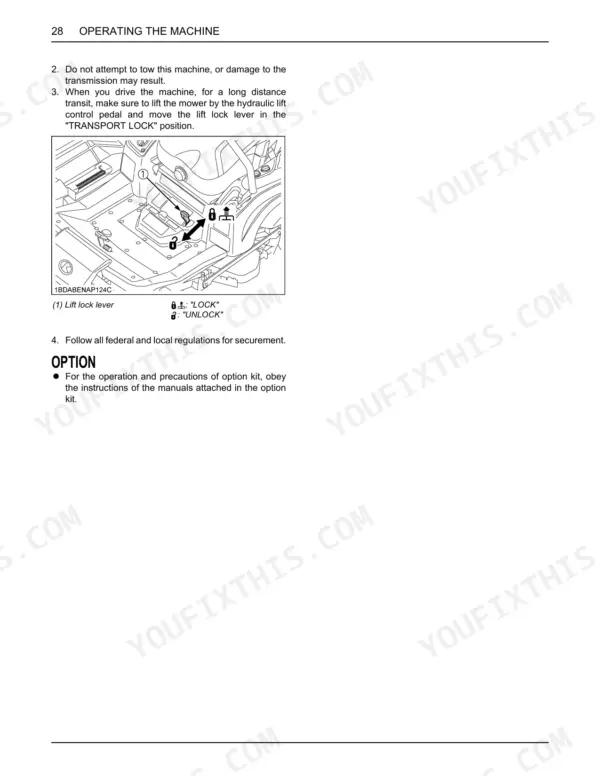 Kubota ZD1011-AU operating instructions for lift lock lever and transport lock positioning diagram.