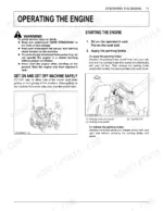 Kubota ZD1011-AU operating instructions for starting the engine, parking brake operation, and safe mounting procedures.