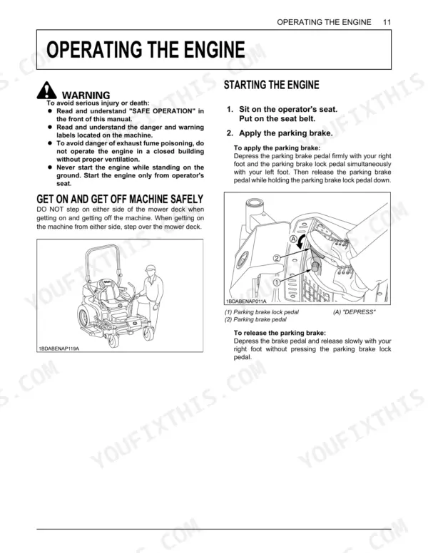 Kubota ZD1011-AU operating instructions for starting the engine, parking brake operation, and safe mounting procedures.