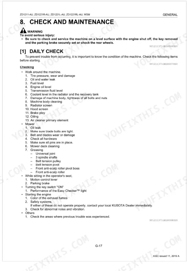 Kubota ZD1211-AU, ZD1221R-AU, ZD1221L-AU, ZD1221RL-AU daily check and maintenance procedure list for mower and engine.