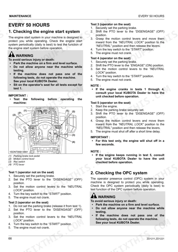Kubota ZD1211-AU, ZD1221R-AU, ZD1221L-AU, ZD1221RL-AU maintenance procedures for checking engine start and OPC systems.