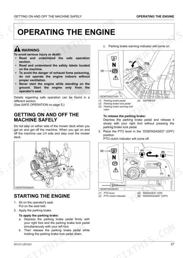 Kubota ZD1211-AU, ZD1221R-AU, ZD1221L-AU, ZD1221RL-AU manual page showing engine starting, parking brake, and safety procedures.
