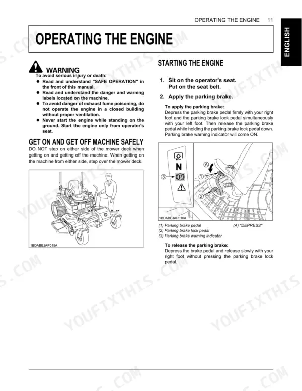 Kubota ZD1211, ZD1211R, ZD1211L, ZD1211RL manual page showing engine starting procedures and safe machine mounting.