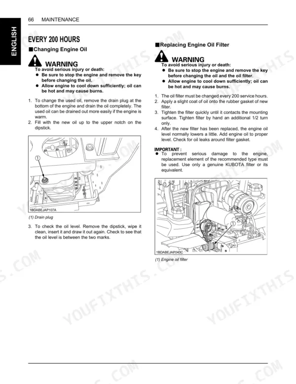 Kubota ZD1211, ZD1211R, ZD1211L, ZD1211RL maintenance guide for changing engine oil and replacing oil filter.