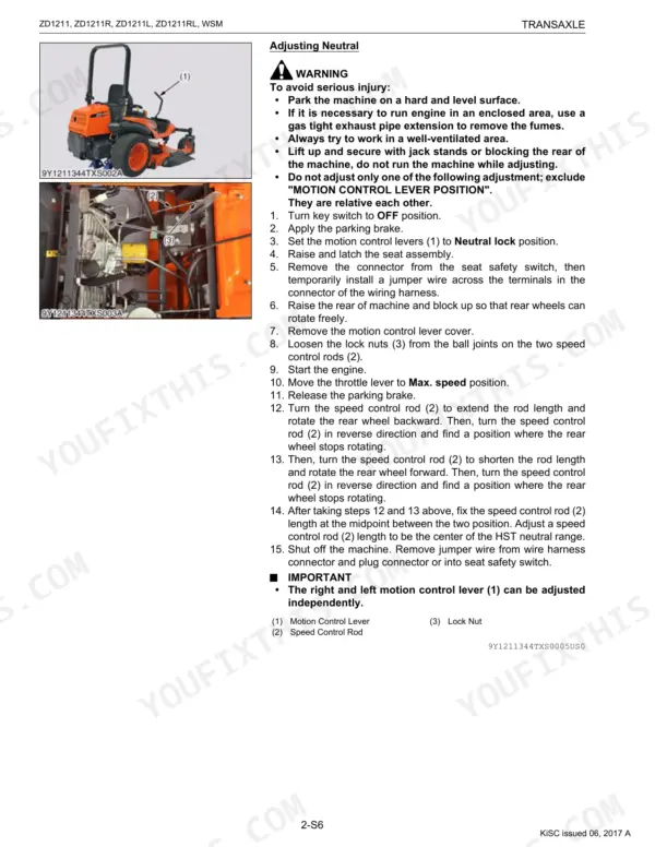 Kubota ZD1211, ZD1211R, ZD1211L, ZD1211RL neutral adjustment procedure for transaxle speed control rods and levers.