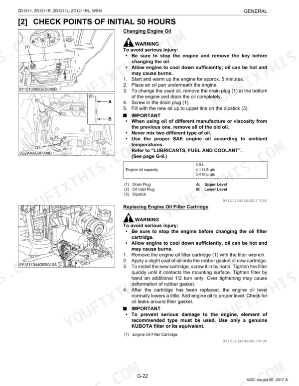 Kubota ZD1211, ZD1211R, ZD1211L, ZD1211RL procedures for changing engine oil and replacing the oil filter cartridge.