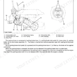 Kubota ZD18, ZD18F, ZD21, ZD21F, ZD28, ZD28F parking brake system diagram, components, and operation description.