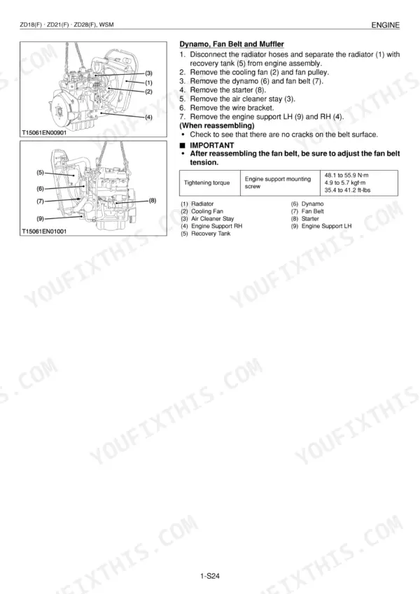 Kubota ZD18, ZD18F, ZD21, ZD21F, ZD28, ZD28F engine dynamo, fan belt, and muffler removal procedures and torque specs.