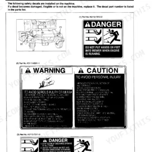 Kubota ZD18, ZD21 service manual page showing safety decal locations, warning labels, and danger sign part numbers.