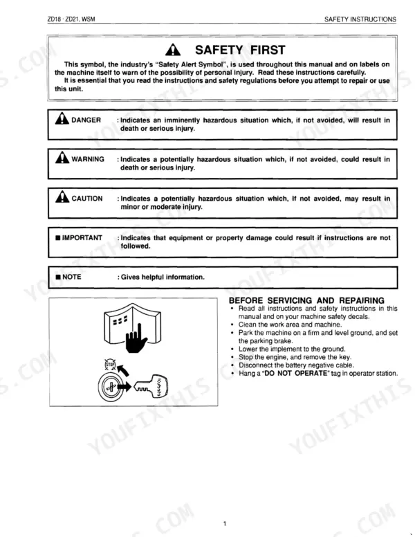 Kubota ZD18, ZD21 safety instructions, hazard symbol definitions, and pre-service repair procedures.