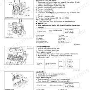 Kubota ZD21N-EC, ZD21-EC, ZD28-EC engine disassembly procedures for dynamo, fan belt, cylinder head cover, and injection pipes.