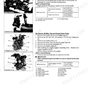Kubota ZD221-48, ZD221-54 engine removal, air cleaner, muffler, and fan assembly procedures with torque specifications.