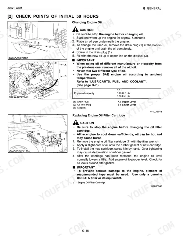 Kubota ZD221-48, ZD221-54 engine oil change and oil filter replacement procedures with diagrams and capacity table.