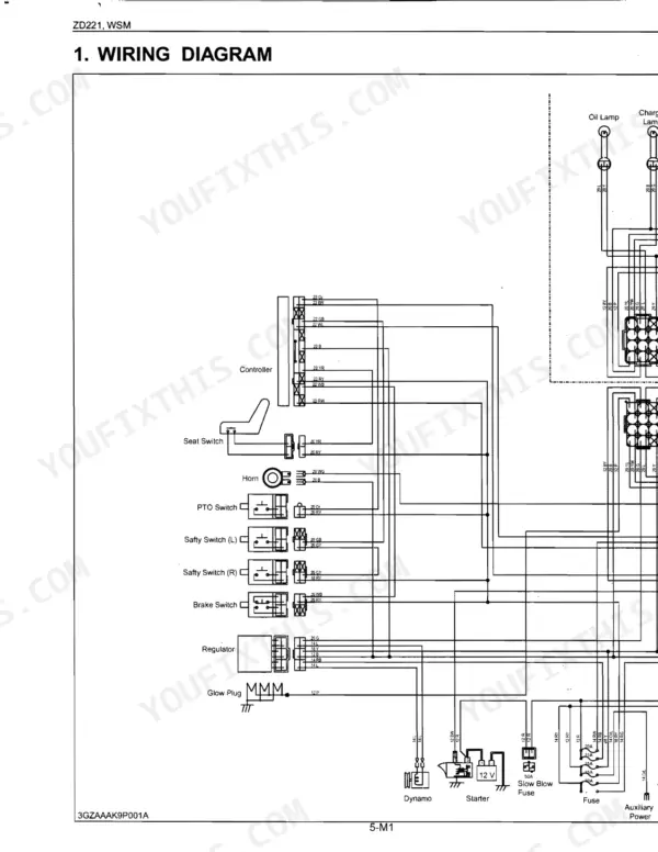 Kubota ZD221-48, ZD221-54 wiring diagram showing controller, seat switch, PTO, safety switches, regulator, and starter.