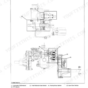 Kubota ZD25F transaxle structure diagram showing hydrostatic transmission, PTO, final reduction gear, parking brake, and bevel gear.