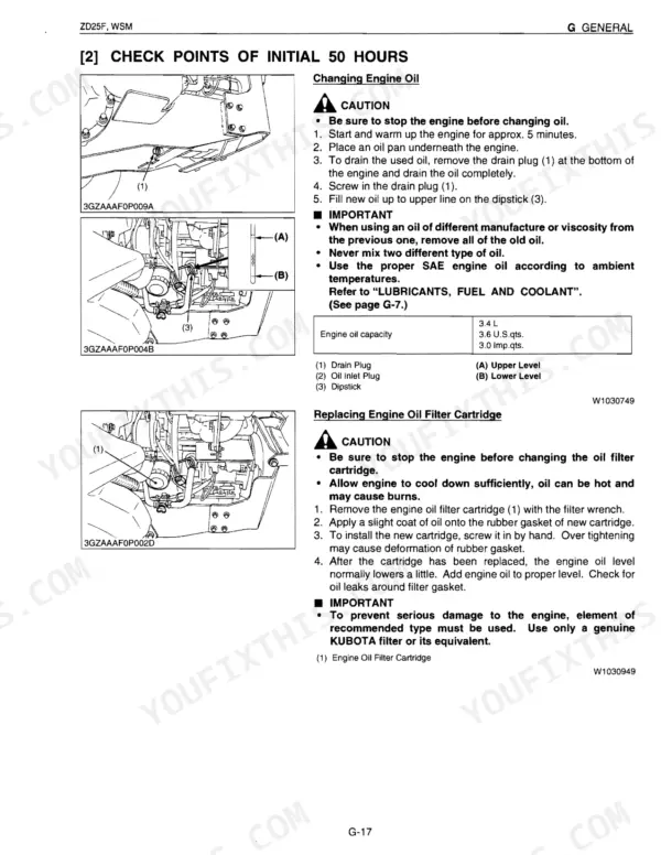 Kubota ZD25F manual: 50-hour maintenance procedures for changing engine oil and replacing the oil filter cartridge.
