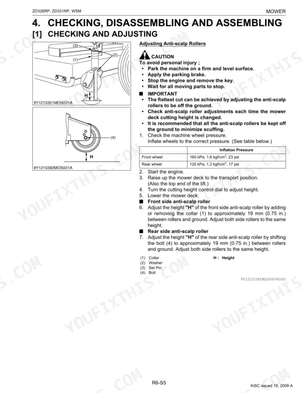 Kubota ZD326RP, ZD331RP service manual: anti-scalp roller adjustment procedures, diagrams, and tire inflation pressure table.