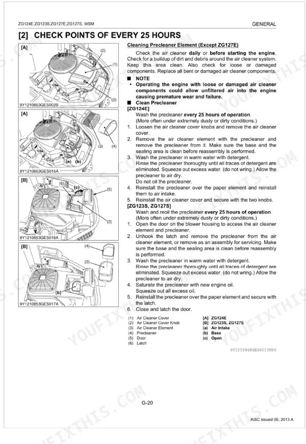 Kubota ZG124E, ZG123S, ZG127E, ZG127S air cleaner precleaner maintenance procedures and component diagrams.