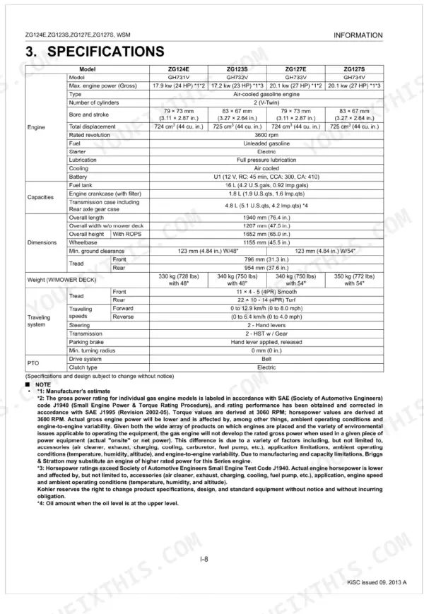 Kubota ZG124E, ZG123S, ZG127E, ZG127S engine, capacity, dimension, and traveling system technical specifications table.