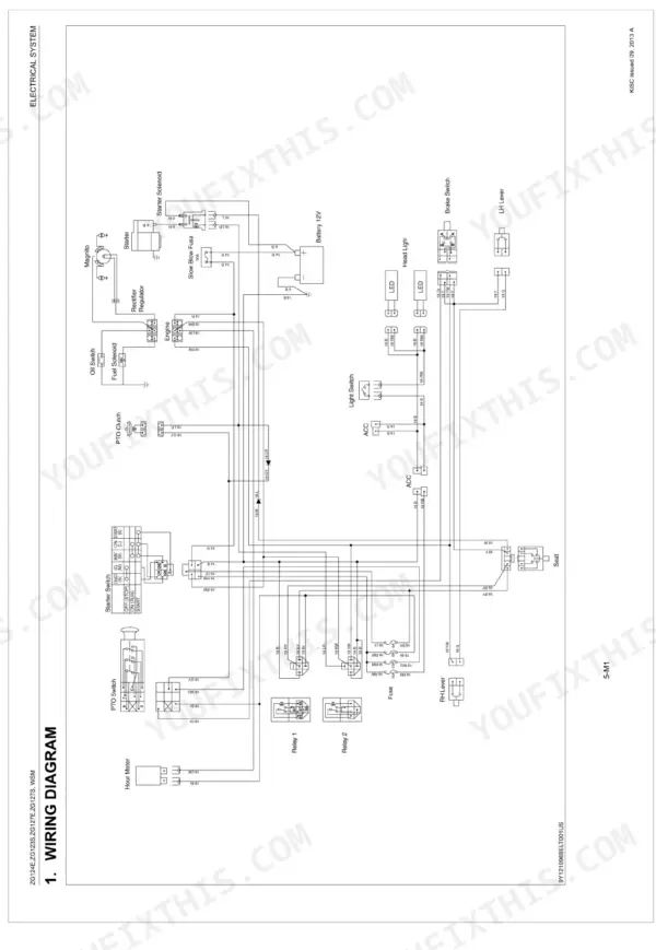 Kubota ZG124E, ZG123S, ZG127E, ZG127S electrical system wiring diagram showing battery, starter, relays, and switches.
