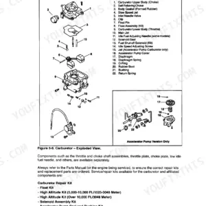 Kubota ZG20, ZG23 carburetor exploded view diagram showing components, accelerator pump, and repair kit list.