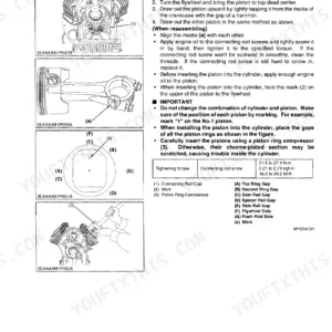 Kubota ZG222, ZG227, ZG222S engine piston and connecting rod removal, installation, and torque specification manual page.