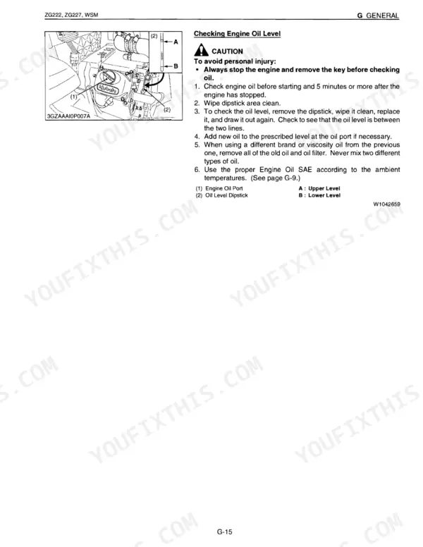 Kubota ZG222, ZG227, ZG222S service manual page showing engine oil level check procedure and dipstick diagram.