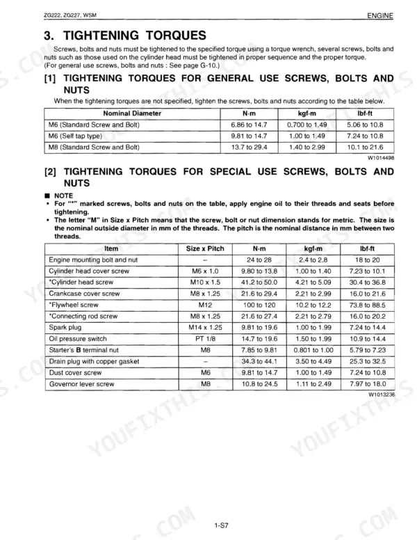 Kubota ZG222, ZG227, ZG222S engine tightening torque specifications table for general and special use screws and bolts.