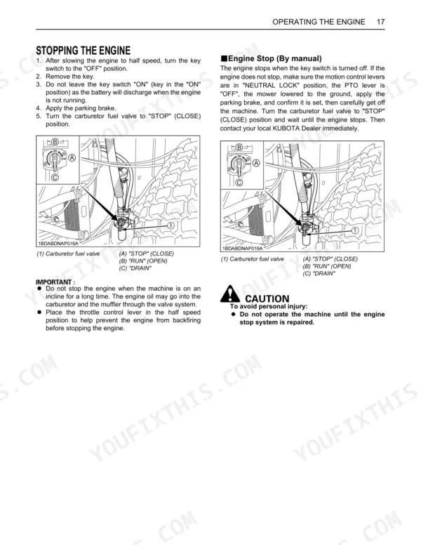 Kubota ZG222A-AU, ZG227A-AU manual page showing procedures for stopping the engine and carburetor fuel valve operation.