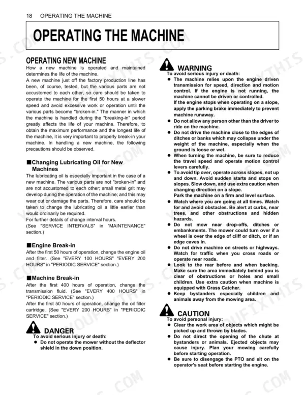 Kubota ZG222A-AU, ZG227A-AU operating instructions, break-in procedures, and safety warnings for new machines.