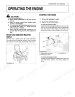 Kubota ZG222A-AU, ZG227A-AU engine starting, safe mounting, and parking brake operation procedures with diagrams.