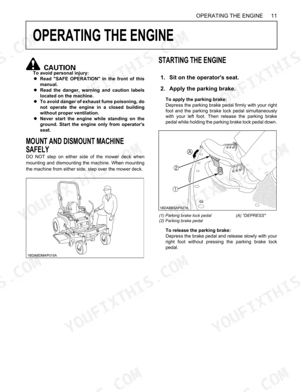 Kubota ZG222A-AU, ZG227A-AU engine starting, safe mounting, and parking brake operation procedures with diagrams.