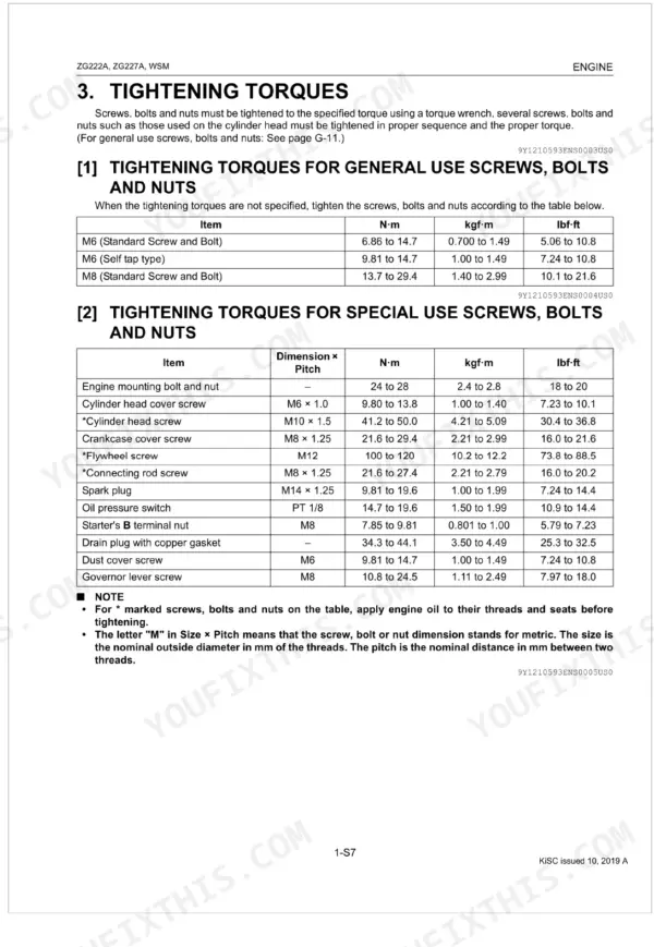 Kubota ZG222A, ZG227A, ZG222SA, ZG227LA, ZG222A-AU, ZG227A-AU engine tightening torque specification tables for general and special bolts.