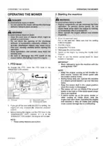 Kubota ZG327A-AU operating instructions, PTO lever diagram, and starting procedure safety warnings.