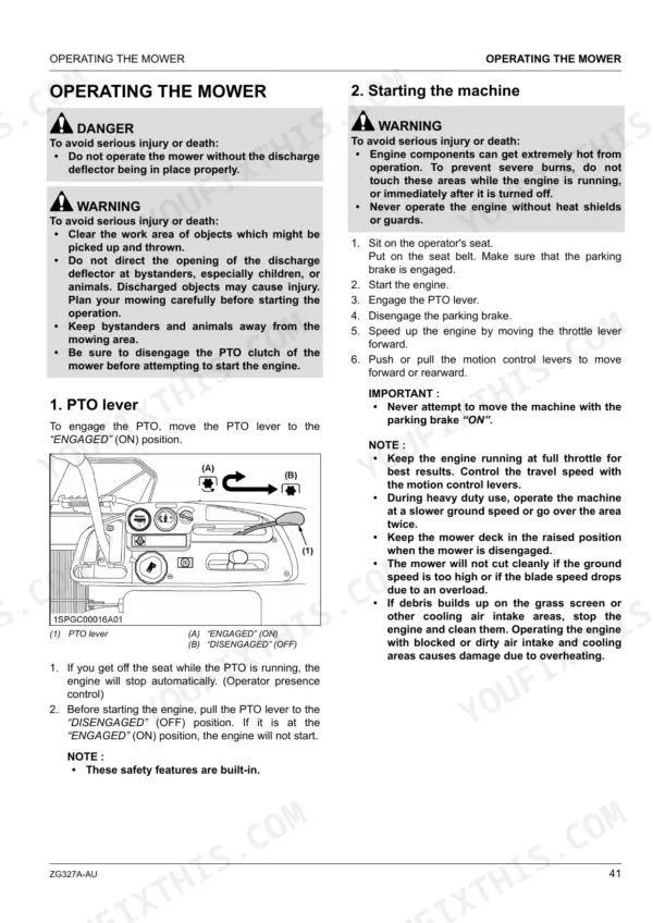 Kubota ZG327A-AU operating instructions, PTO lever diagram, and starting procedure safety warnings.