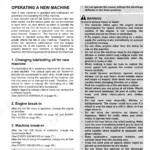 Kubota ZG327A-AU operator manual page on operating a new machine, engine break-in procedures, and safety warnings.