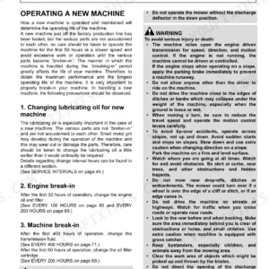 Kubota ZG327A-AU operator manual page on operating a new machine, engine break-in procedures, and safety warnings.