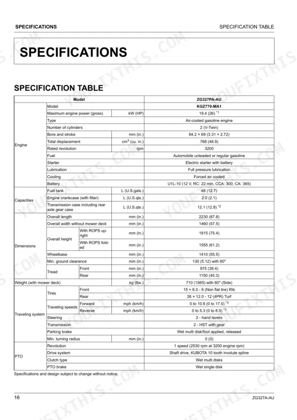 Kubota ZG327A-AU specification table listing engine, capacities, dimensions, traveling system, and PTO technical data.