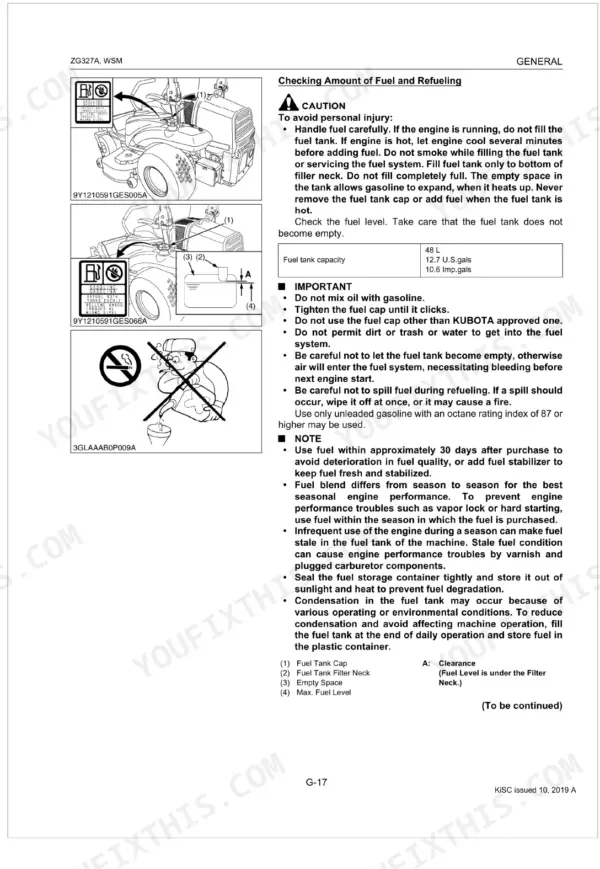 Kubota ZG327A service manual page showing fuel tank capacity table, refueling safety procedures, and fuel level diagrams.