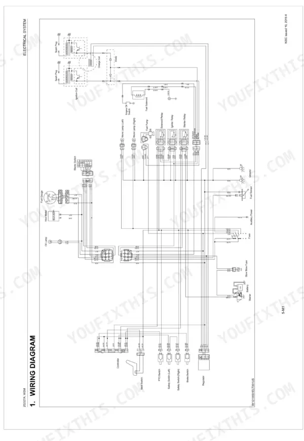 Kubota ZG327A electrical system wiring diagram showing ignition, starter, relays, switches, and battery connections.