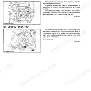 Kubota ZG327P engine manual showing cylinder head construction and closed breather system diagrams and descriptions.