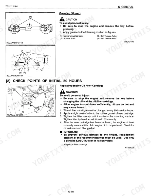 Kubota ZG327P mower greasing points diagram and engine oil filter cartridge replacement procedure instructions.