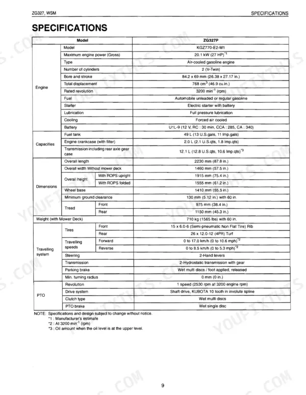 Kubota ZG327P technical specifications table including engine, capacities, dimensions, weight, and travelling system data.